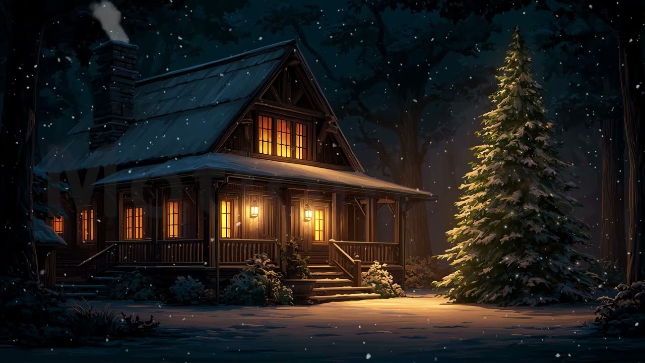 Rustic Winter Cabin & Christmas Tree 🌲 | Snowfall Night | Cozy Festive Stream Scene