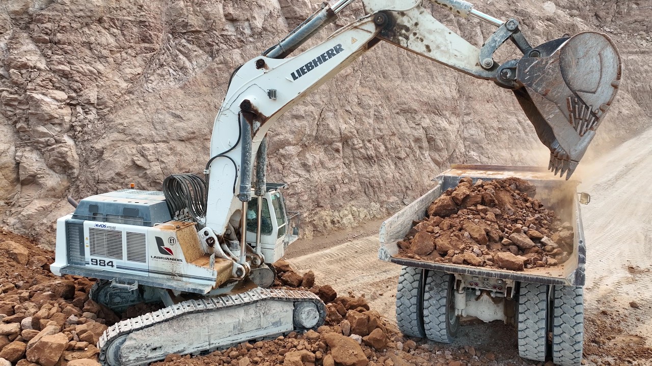 Liebherr 984 Excavator Loading Caterpillar 777 Dumpers Drone View 4k - Sotiriadis/Labrianidis Mining