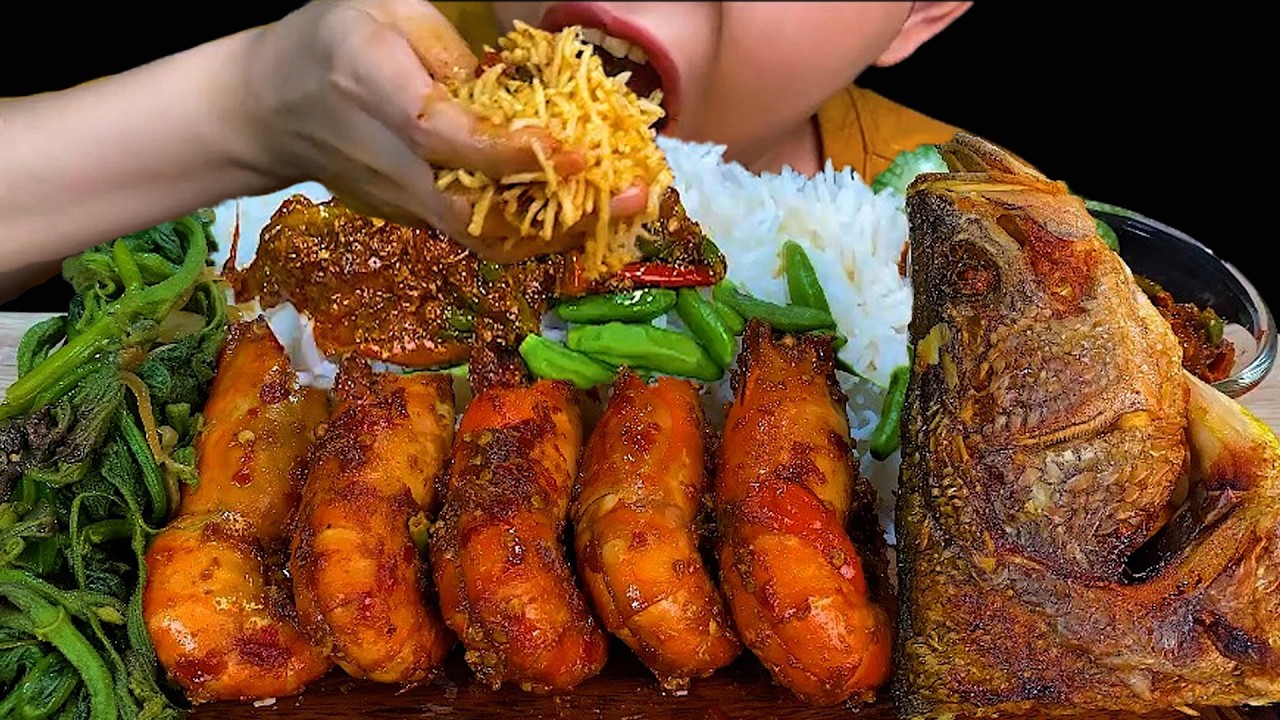 SPICY PRAWN CURRY, FRIED FISH, STIR FRIED PUMPKIN LEAF