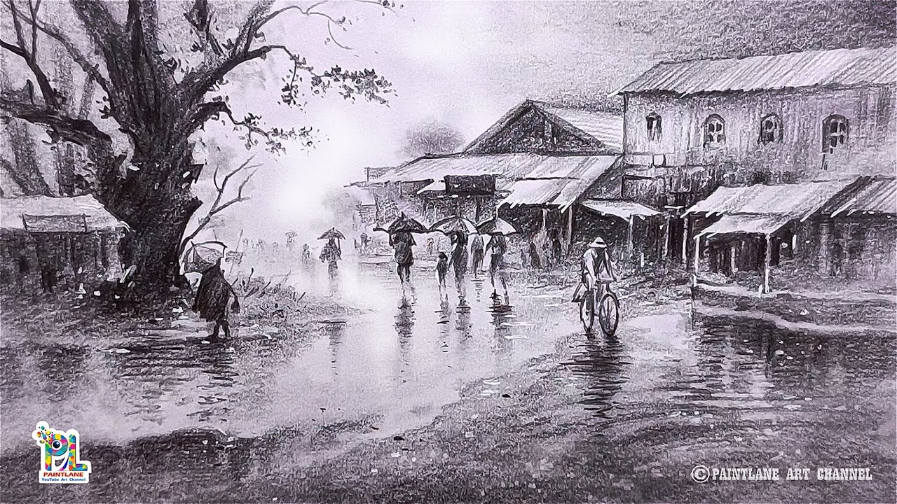 How to draw Rainy Season in Old Village Street with Pencil Art