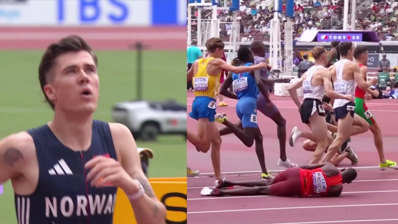 Jakob Ingebrigtsen heart breaking disqualificafion at Men's 1500m, Phanuel Koech fall down on track 