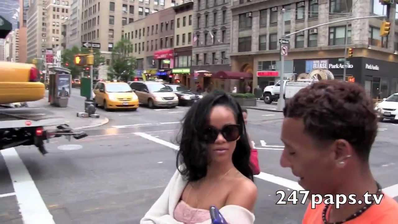 Rihanna walking around in a Sheer tube top in New York