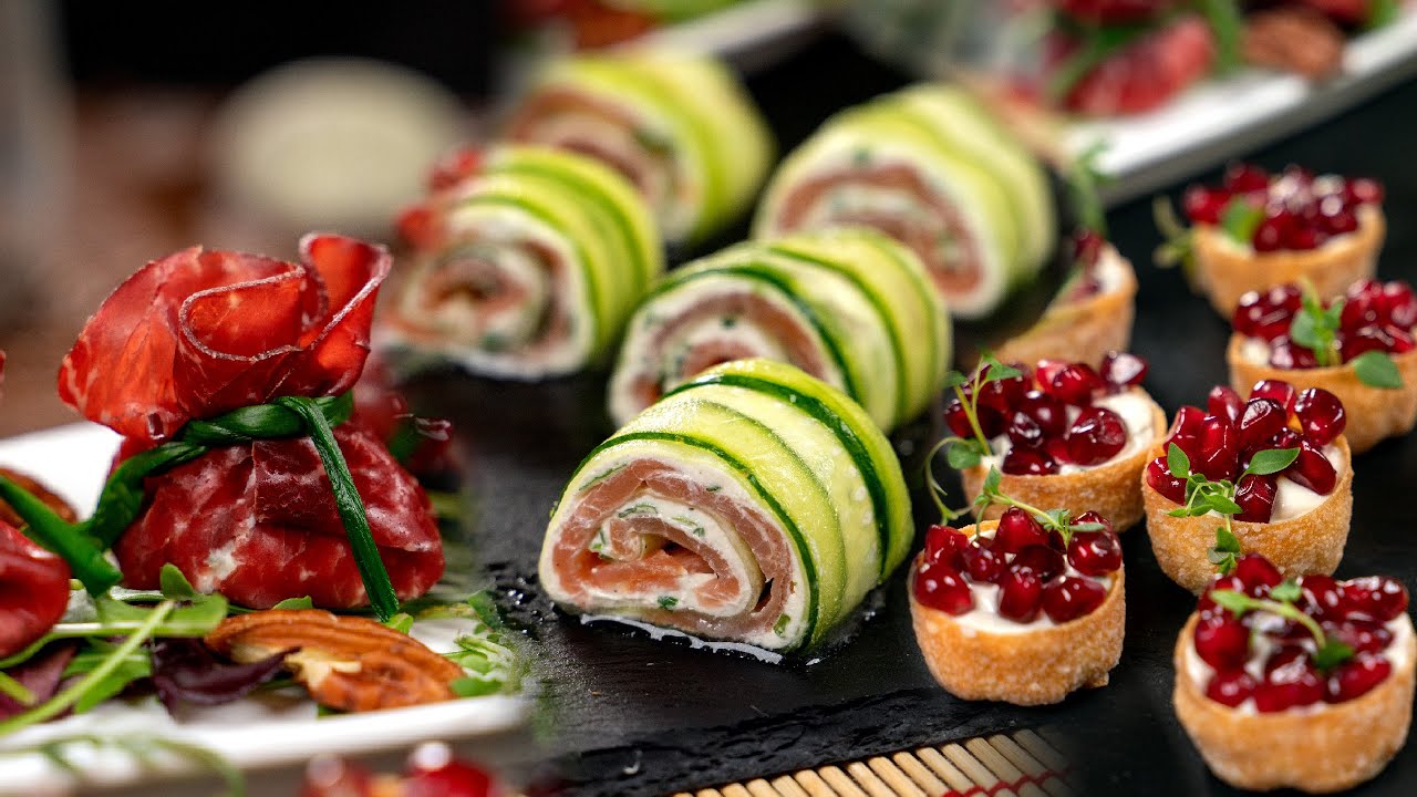 Вкусный рулет с огурцом и лососем. Croustade с гранатами и мешочки с брезаолой