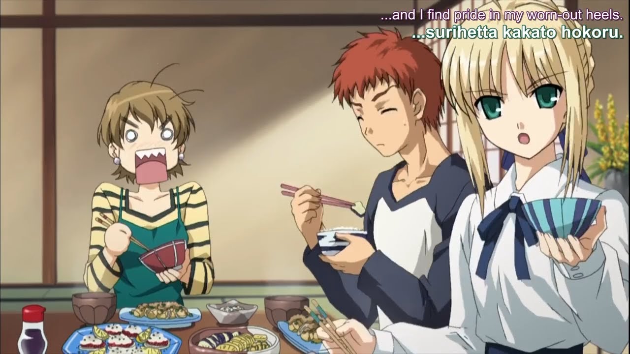 Fate Stay Night opening but there's only Saber eating