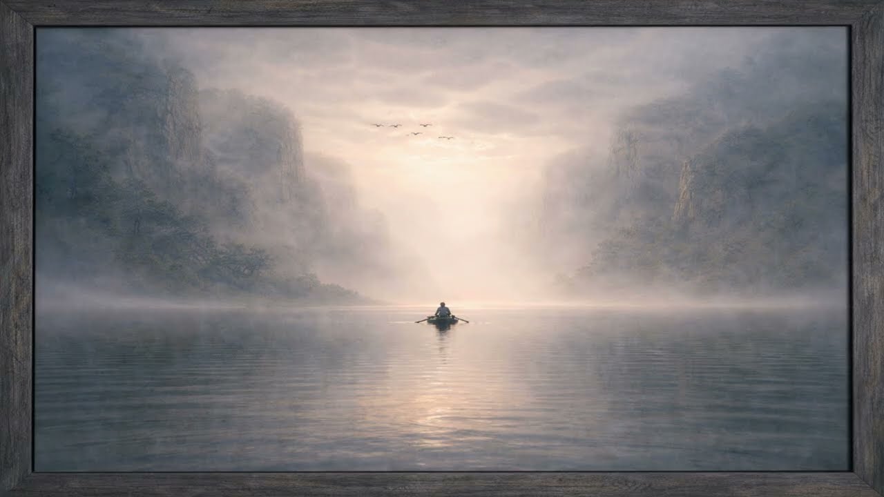 Serene Lake with Man on Canoe Alone Zen Frame TV Art Decor Wallpaper 4K Screensaver