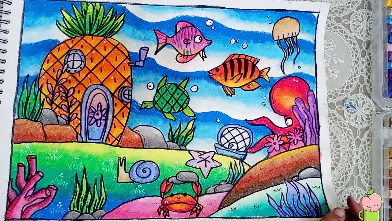 Cara Menggambar dan Mewarnai Pemandangan Dasar Laut - Gradasi Warna Oil Pastel