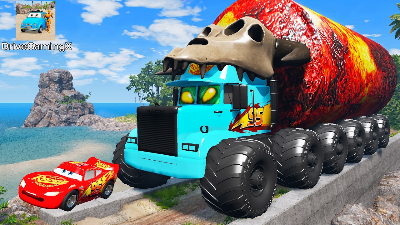 Giant CRUSHER DOZER Mack Truck Eater VS Cars Lightning McQueen Escape Monster - Beamng.Drive #23