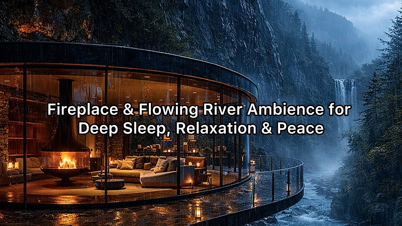 Rainy Cliffside Sanctuary 🌧️ Fireplace & Flowing River Ambience for Deep Sleep, Relaxation & Peace