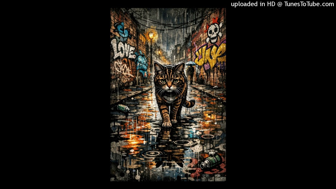 Lonely cat walking in the rain