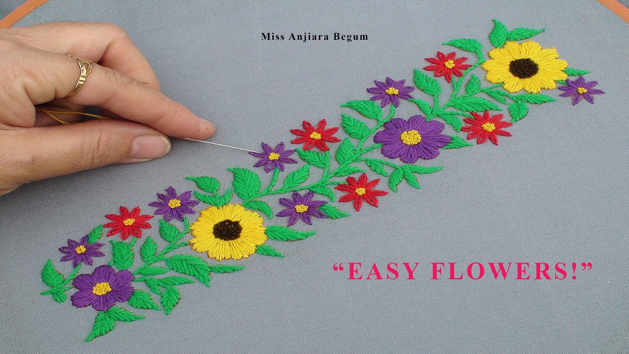 Vibrant Floral Hand Embroidery Border 🌼🌸 | Easy Colorful Flower Design for Beginners