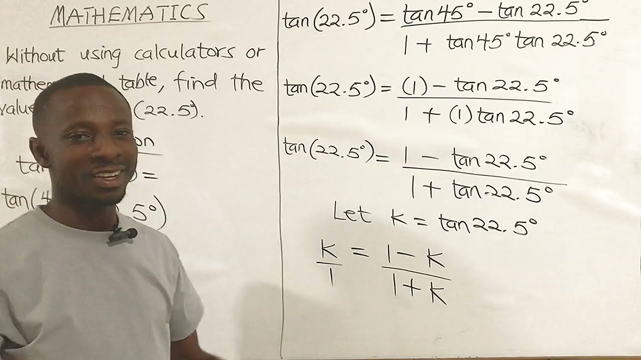 Prove that tan (22.5) degrees is equal to negative one plus square root of two 
