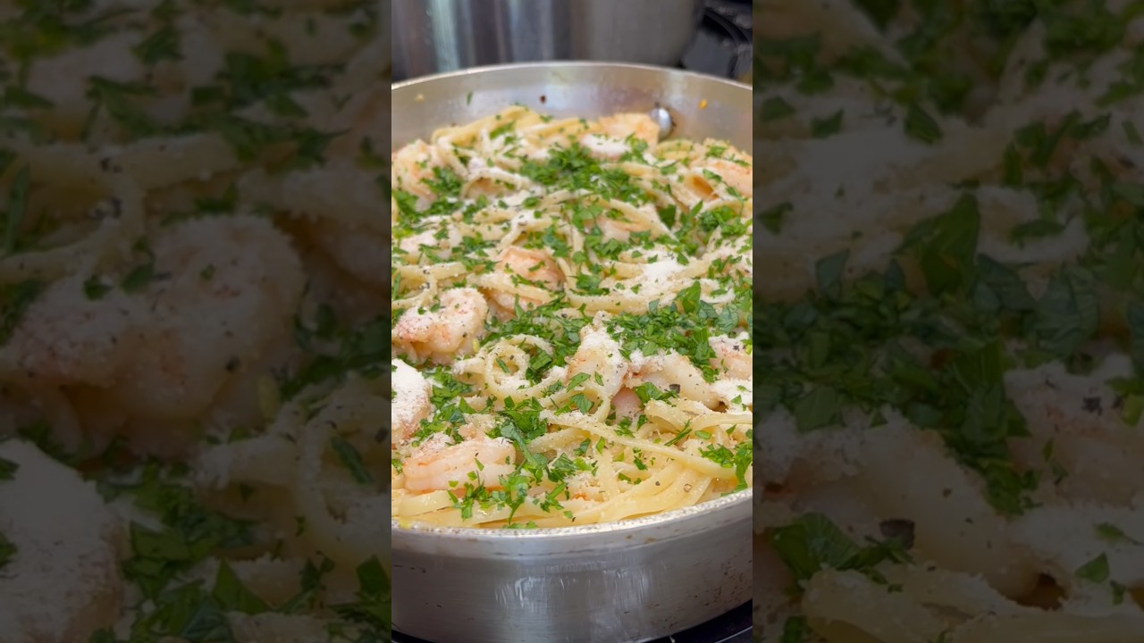 Паста с креветками и лимоном, чесноком