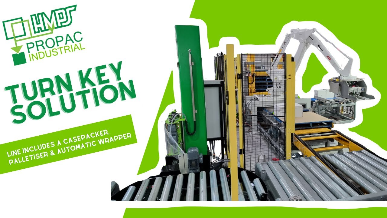 Turnkey Automation Solution including a case packer, palletiser and stretch wrapper.