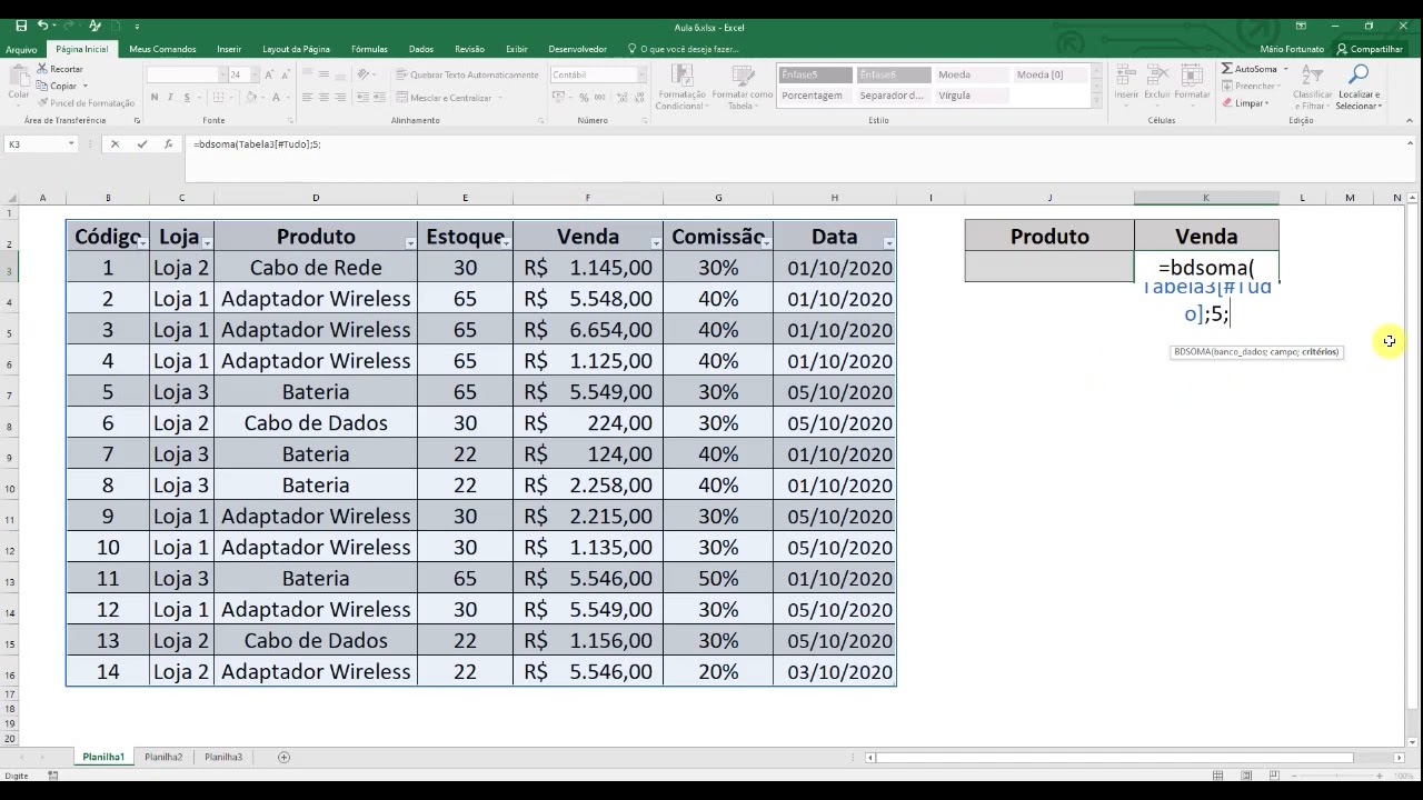 Introdu&ccedil;&atilde;o &agrave; Fun&ccedil;&atilde;o BDSOMA no Excel