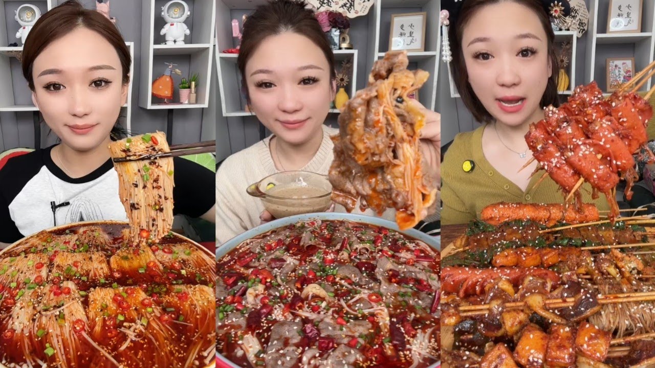 Super Spicy Enoki Mushroom & BBQ Skewers Mukbang 🌶️🔥 Chinese Street Food ASMR