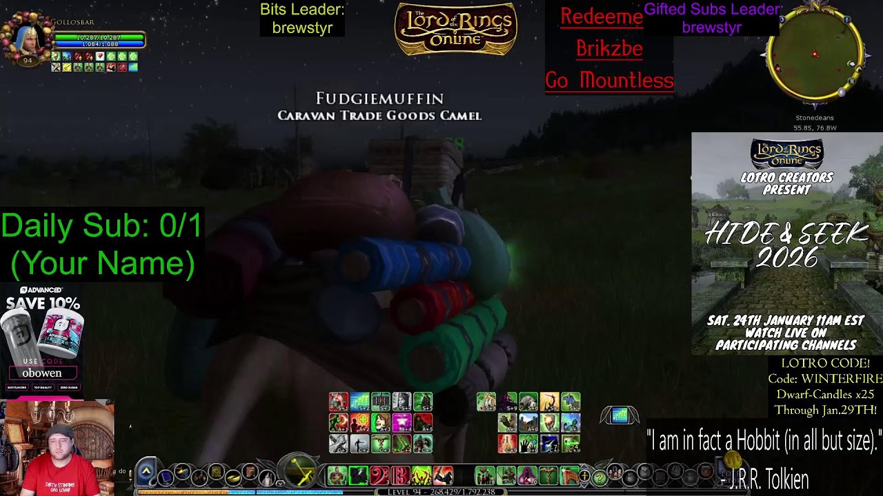 Poteen OBowen playing LOTRO, *FREE HUG FRIDAY* MINSTREL (green line) to lvl 100.