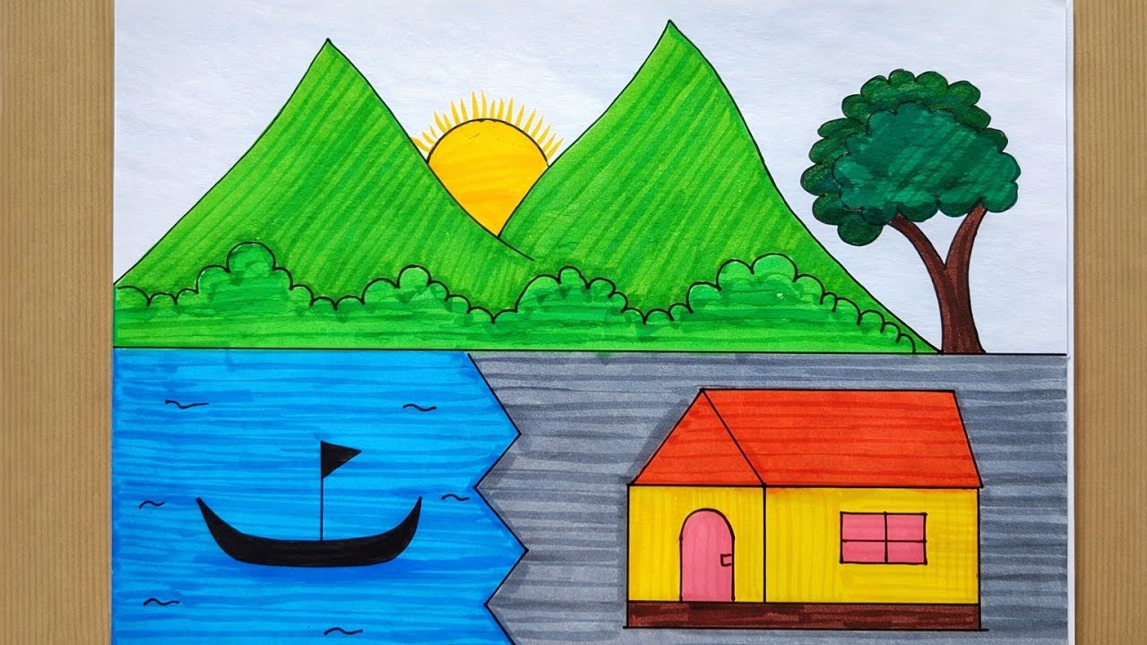 How to Draw Beautiful Sunset in the Beach / Easy Sunset Scenery Drawing / Scenery Drawing