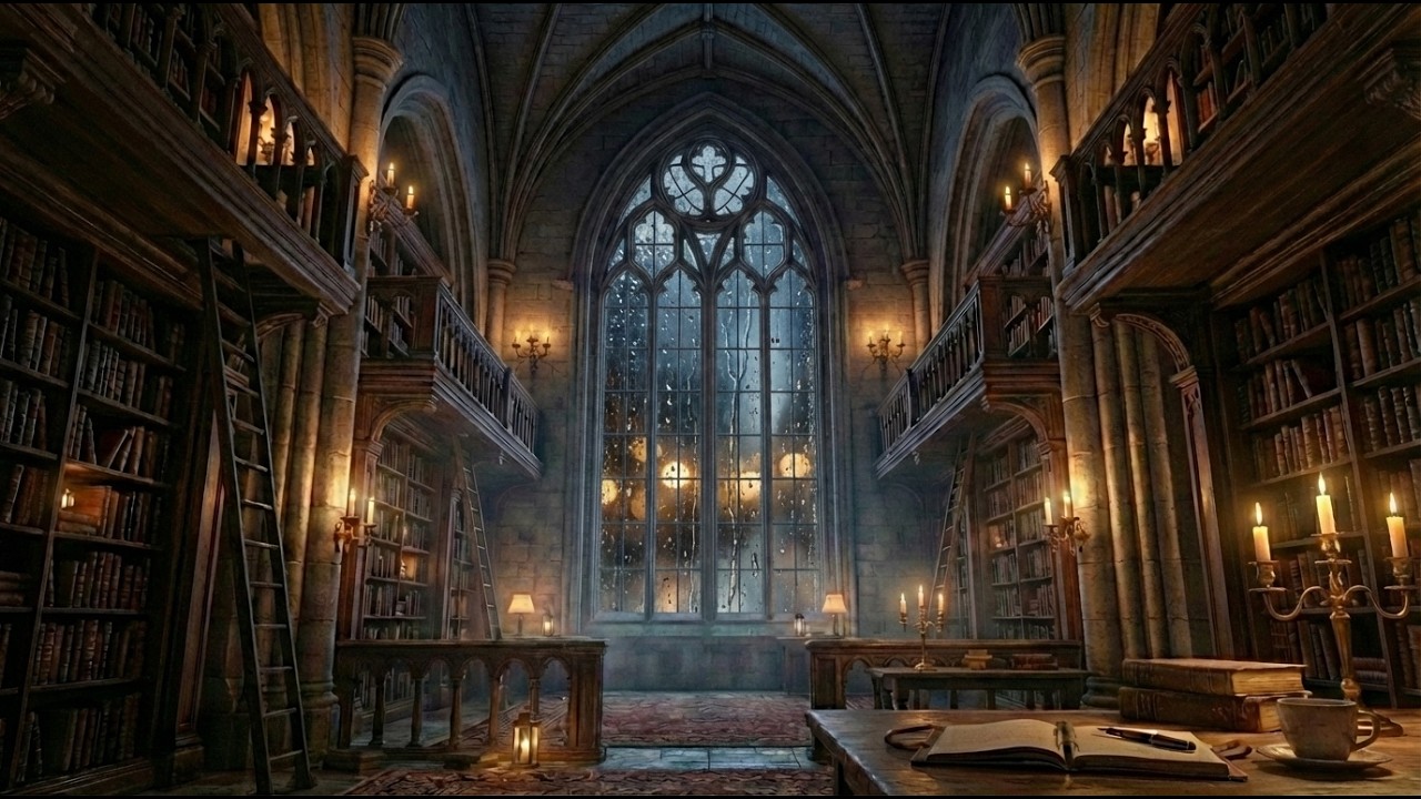 Heavy Rain in a Gothic Library 🕯️ (No Music) | Rain on Window for Study & Sleep | 6 Hours