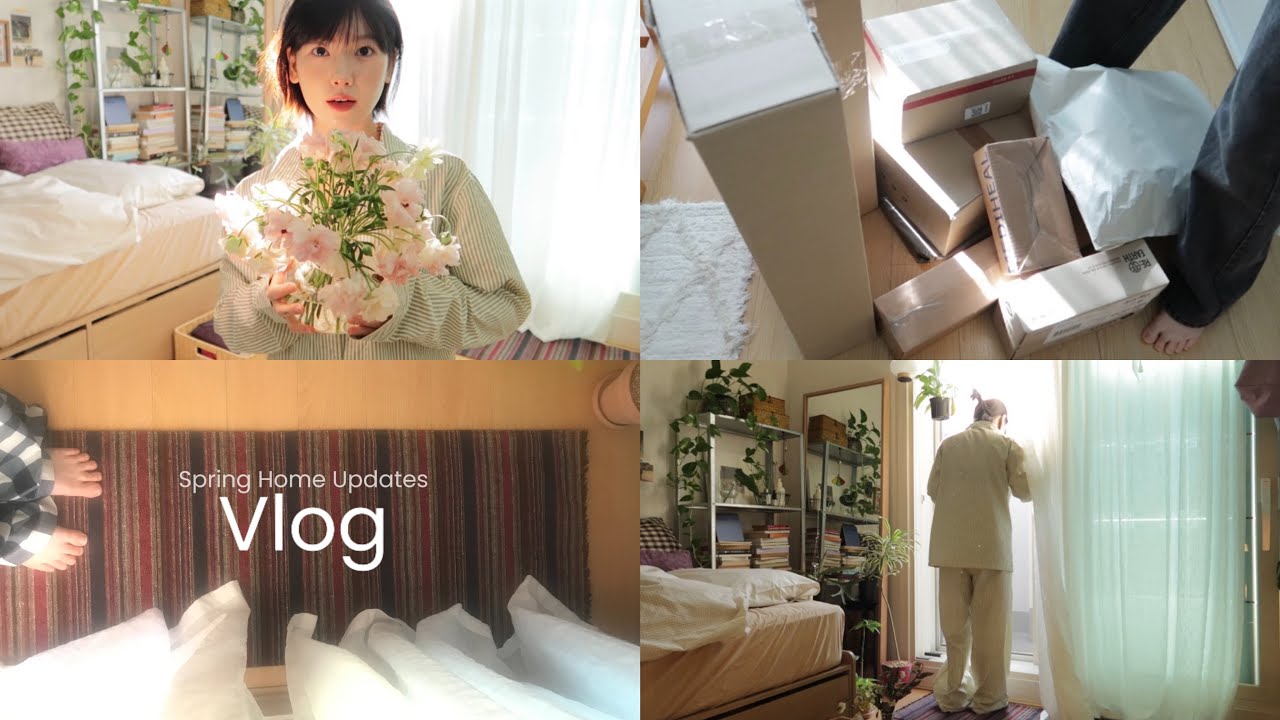 8평 원룸 자취브이로그......봄맞이 침구&러그 교체, 꽃시장 다녀오기, 새 식물, 무한 언박싱...