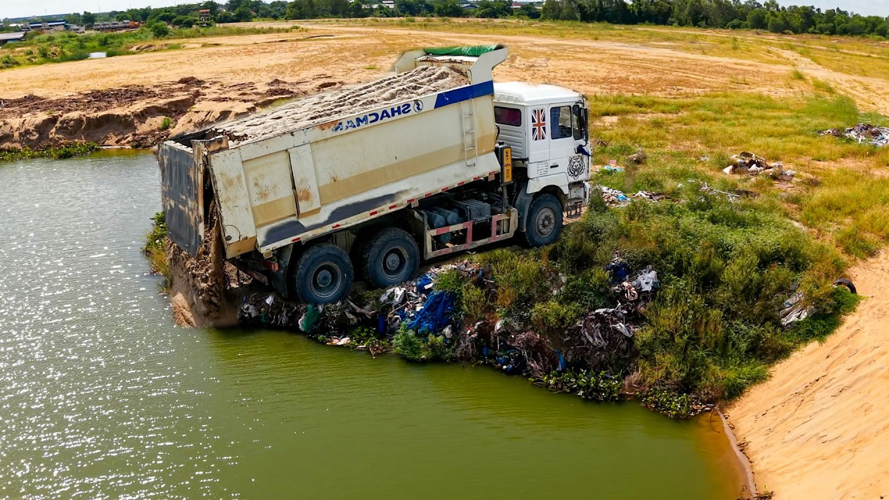 Start New Project!!  Dozer Pushing Soil into Water & Truck 25 5Ton with Bulldozer shuntui DH75 Pro.