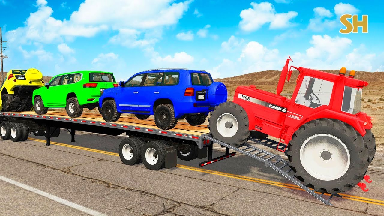 TRANSPORTING PIXAR CARS & FRUITS WITH COLORED & JOHN DEERE vs CLAAS vs TRACTORS - BeamNG.drive #983