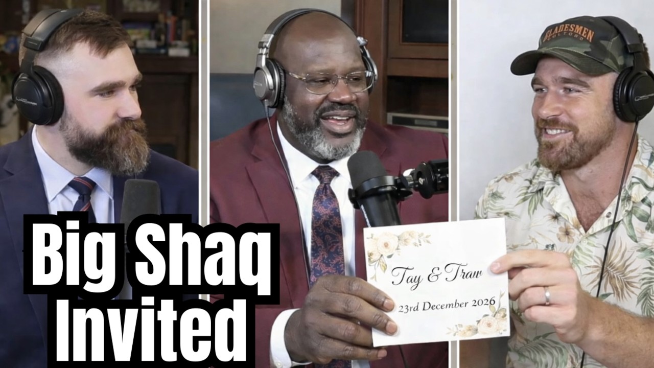 Travis Kelce Hands Big Shaq Taylor Swift's Wedding Invitation & Jason Left Screaming