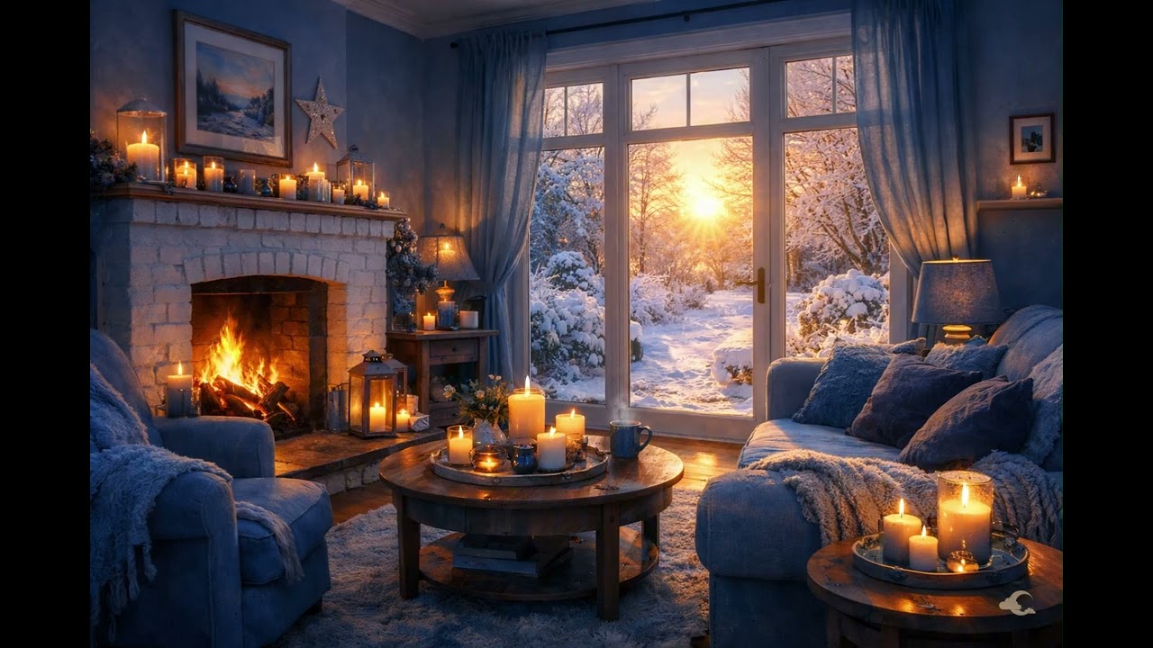 Golden Winter Sunrise ✨ Cozy Fireplace & Snowy Window with Elegant Soothing Piano for Relaxation