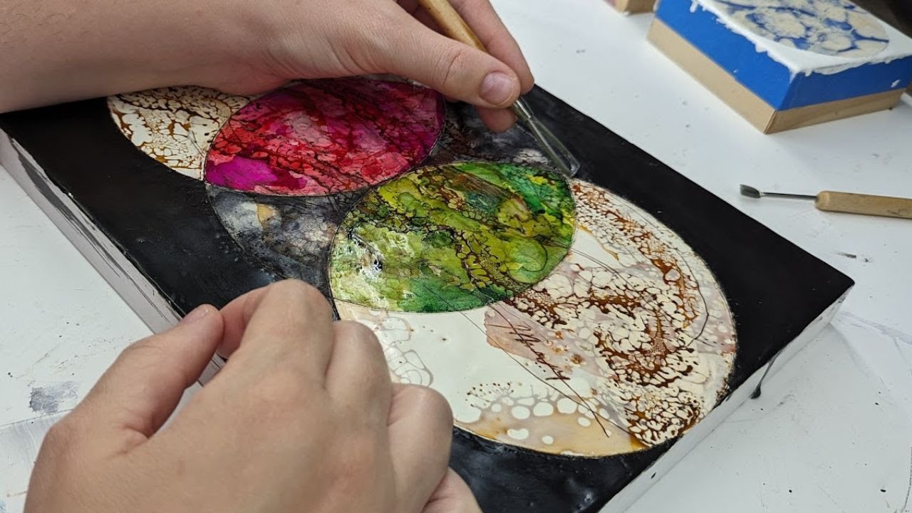 Finishing an Encaustic Shellac Burn Piece with Incised Lines and Alcohol Ink