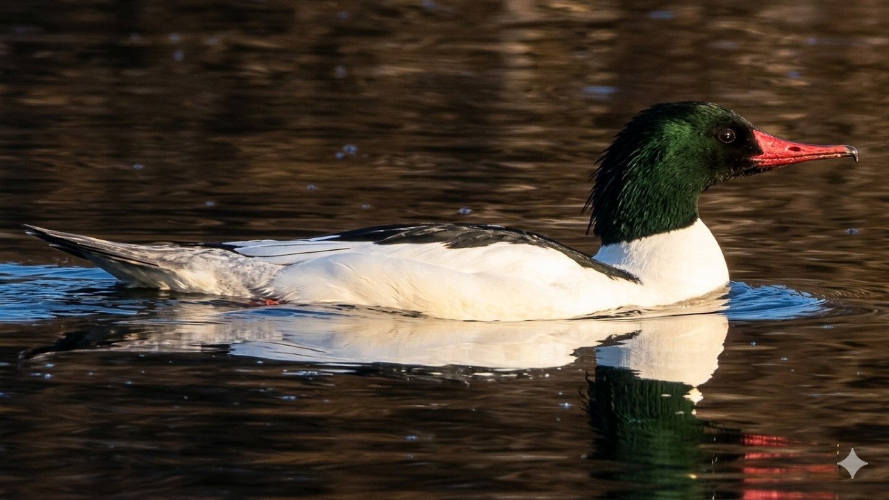 Common merganser duck courtship & call sound, diving