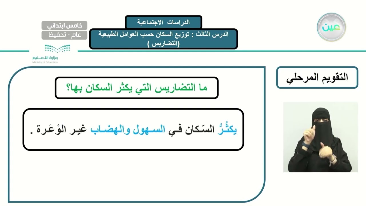 الخرائط والسكان توزيع السكان حسب العوامل الطبيعية ( التضاريس ) - الدراسات الاجتماعية - خامس ابتدائي