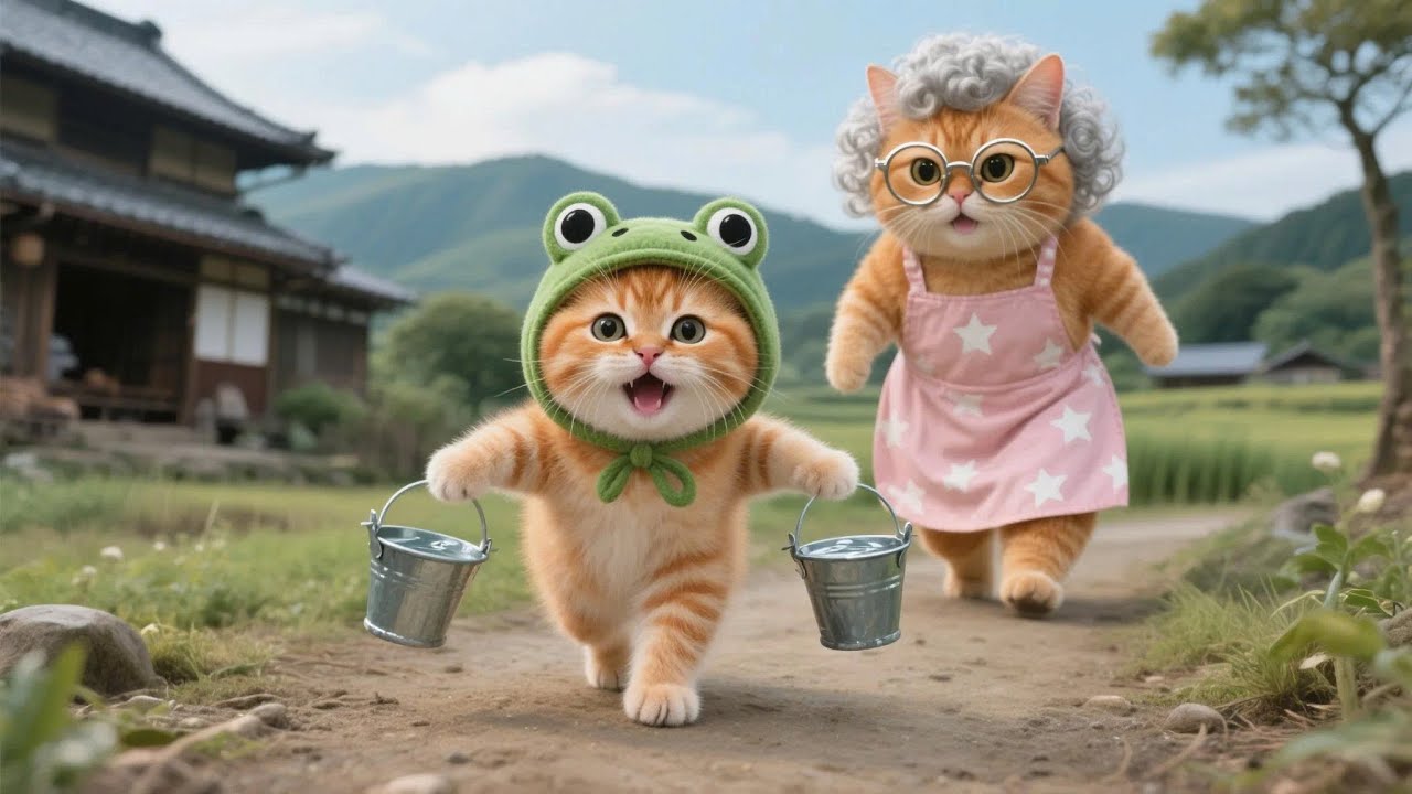 Ginger Kitten Helps Grandma With Water, Mama Cat Watches Proudly 🐾🐱