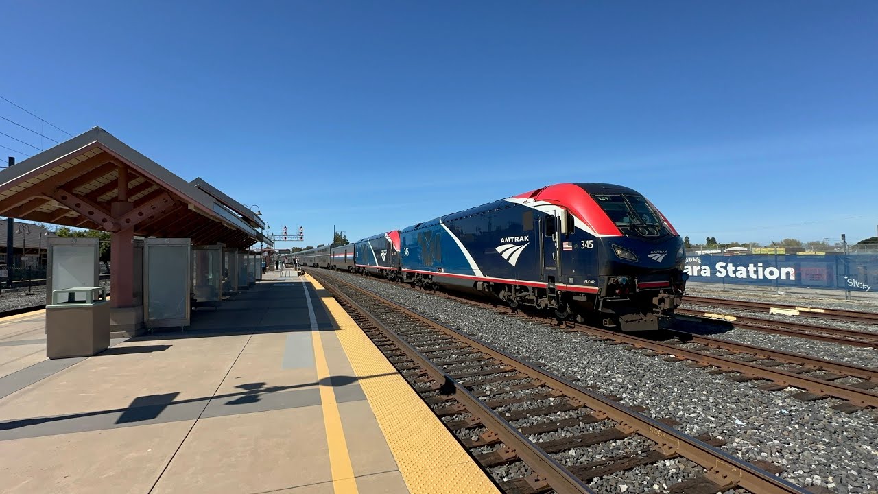 Late Amtrak Coast Starlight passes Santa Clara Caltrain Station w/ a friendly crew 