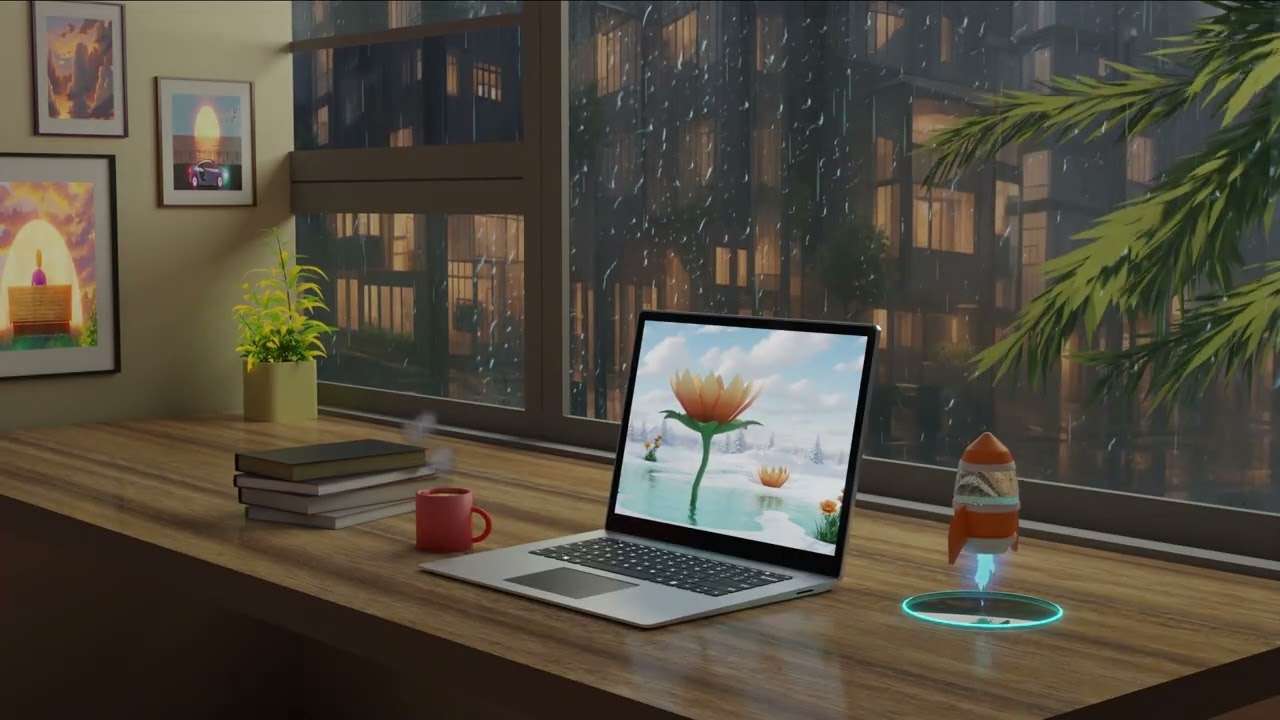 Relaxing, laptop computer on the study table, Rain outside, ASMR