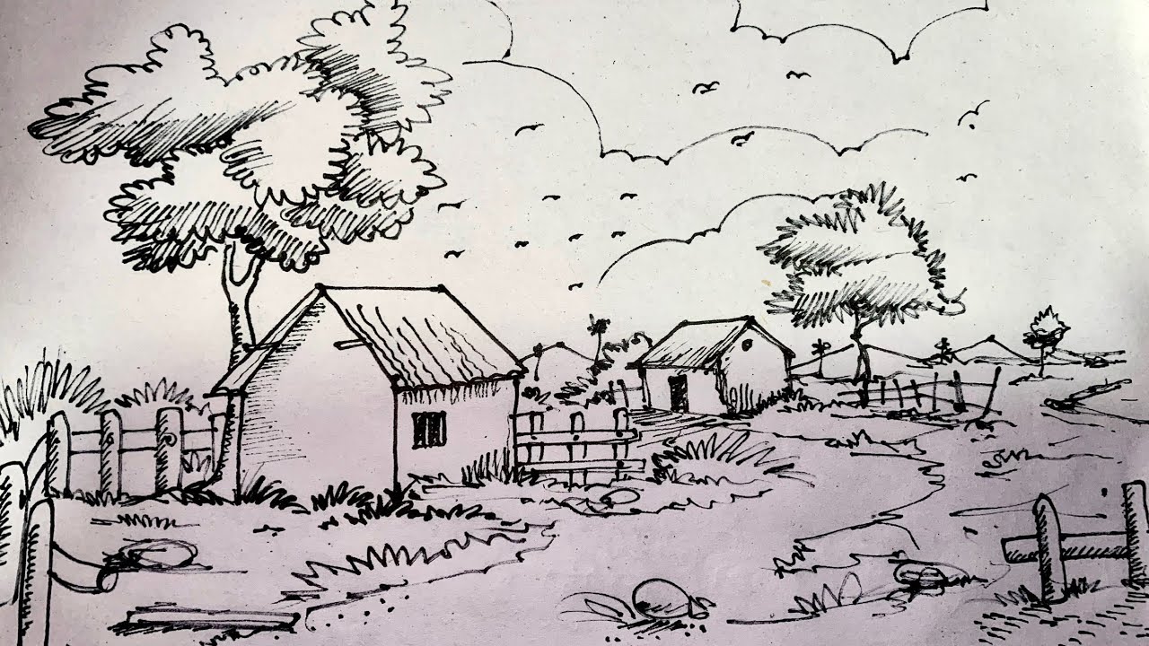 Village Sketch ✍🏽 Drawing | Black and White Sketch tutorial. #drawing #sketch 