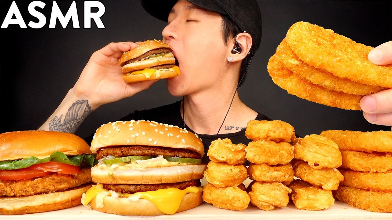 ASMR MOST POPULAR FOOD at MCDONALDS (Hash Browns, Nuggets, Big Mac, Crispy Chicken Sandwich) MUKBANG