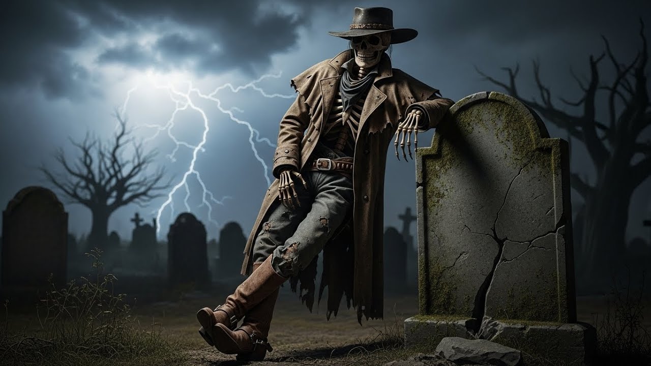 Gothic Western Night Mix &ndash; Skeletal Cowboy Drinking Whiskey 4K