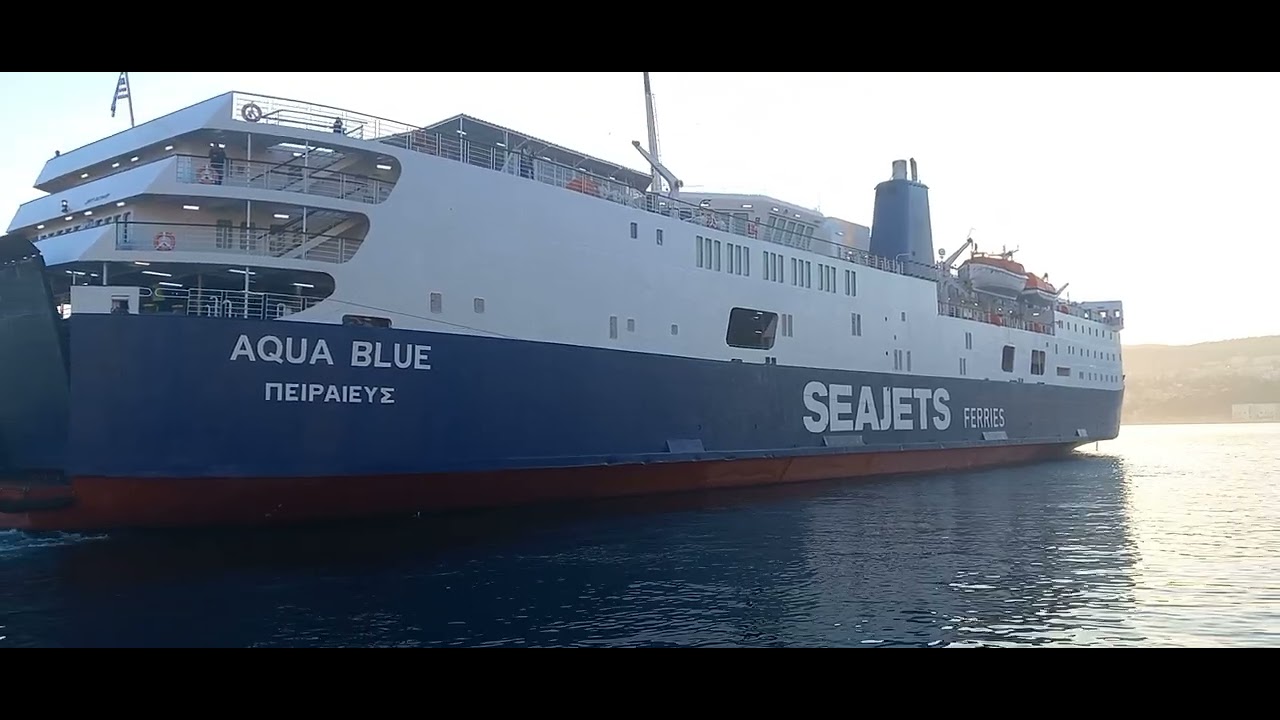 Departure of Seajets ferries F/B Aqua Blue And perfect sunset in Kavala Greece