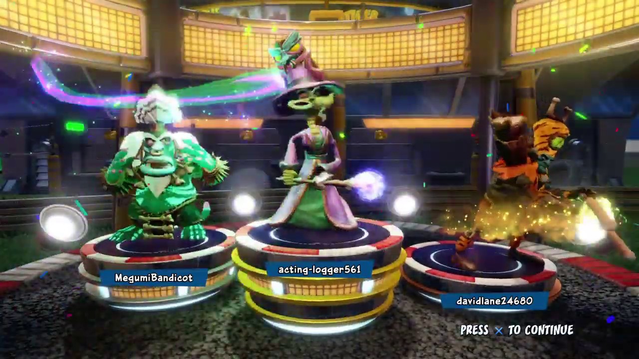 Wizard Komodo Joe, Jurassic Krunk and Stone Age N. Tropy Winning Podium. (Crash Nitro Fueled)