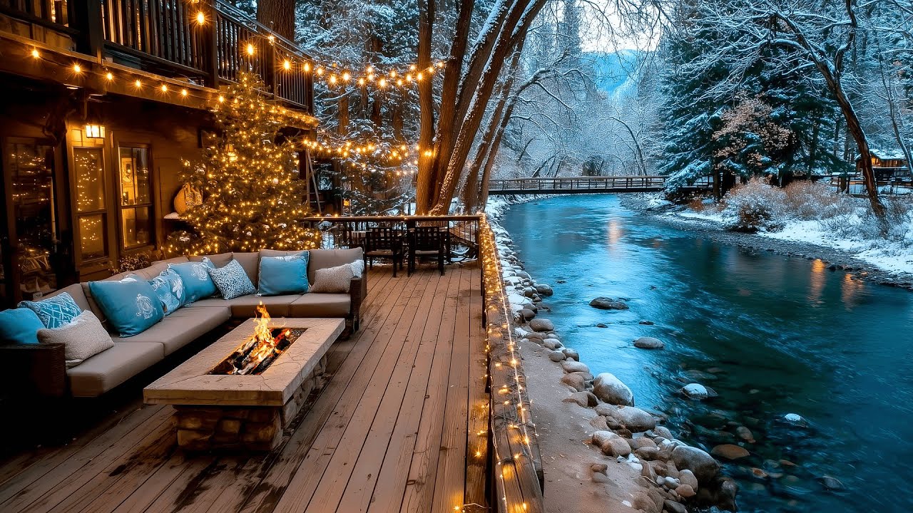 Peaceful Christmas Ambience Riverside Serenity | Cozy Winter Porch, Firepit & Nature Sounds