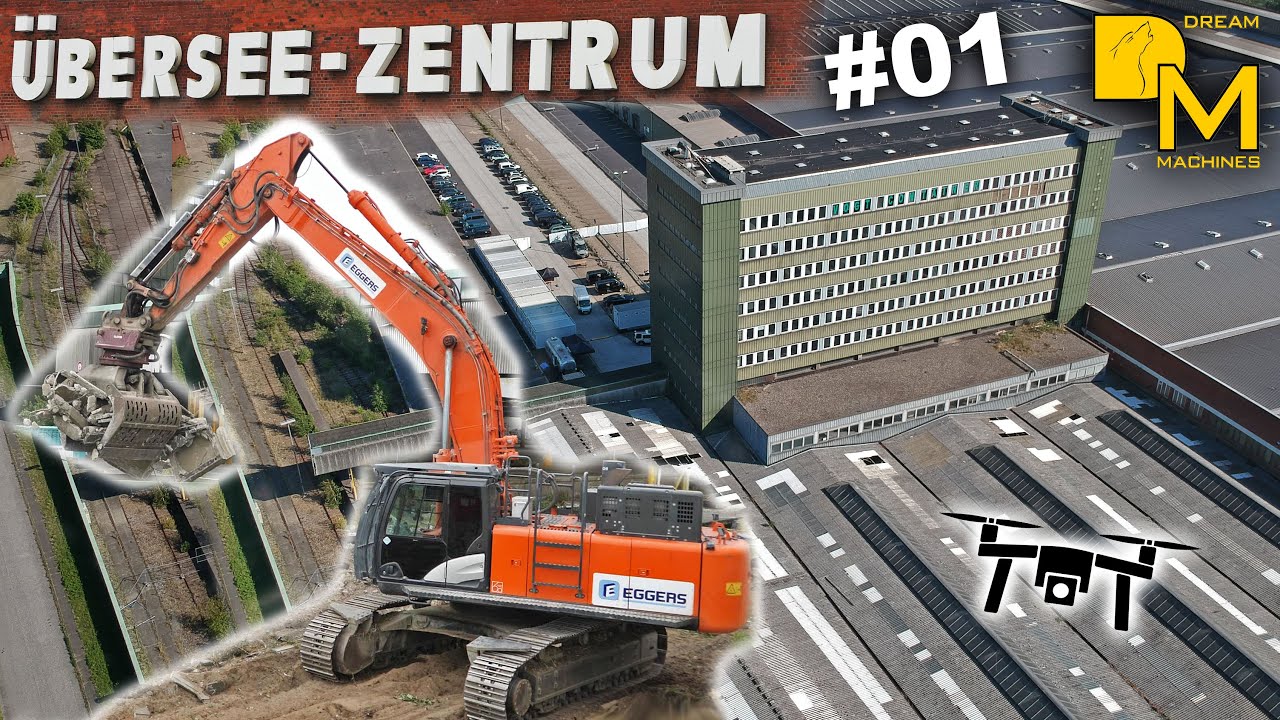 Entire warehouse district is going to be demolished in the harbor Heavy machines in action