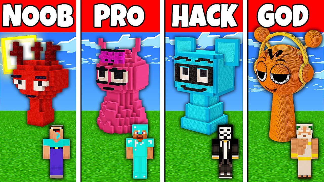 Minecraft Battle: NOOB vs PRO vs HACKER vs GOD! SPRUNKI STATUE BUILD CHALLENGE in Minecraft
