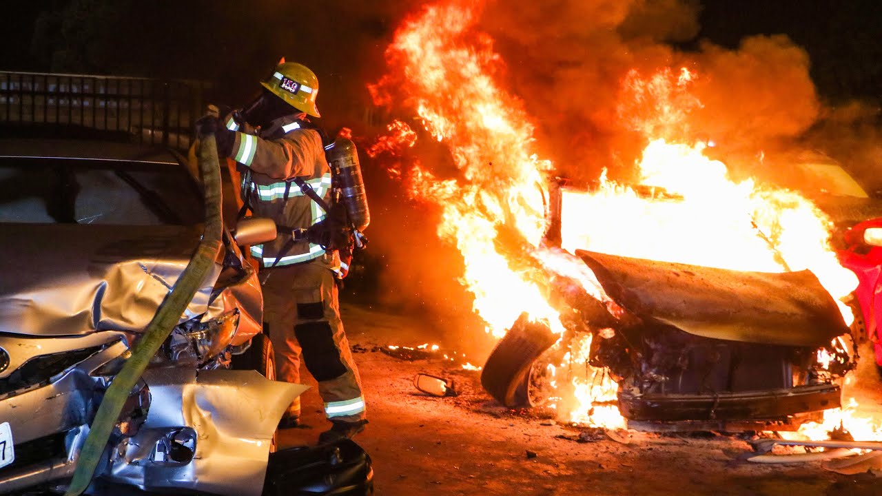 Totaled Car On Fire At Tow Yard: LACo.FD 158