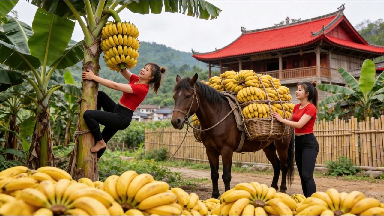 Timelapse - Harvesting Bananas And Horse Carrying Huge Banana Load To Market