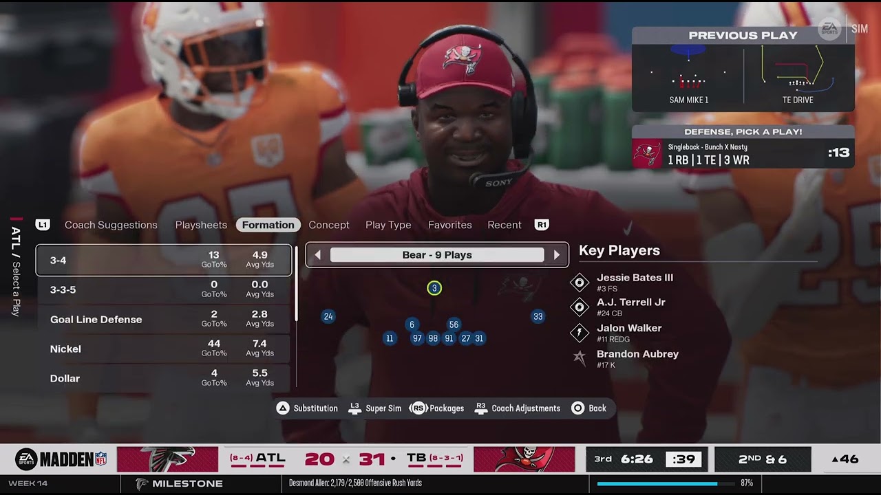 Madden NFL 26 falcons franchise week 14 falcons bucs second half