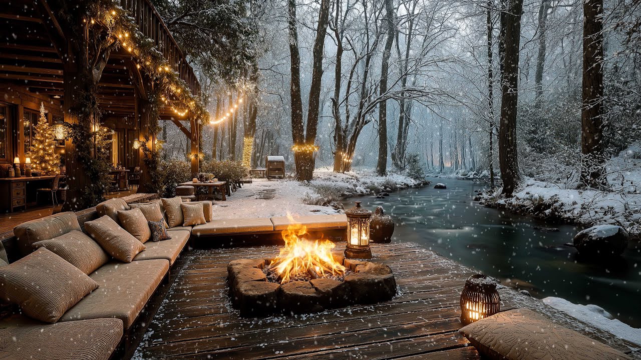 Snowy Cabin Ambience ❄️ Warm Fireside by the Winter River with Peaceful Nature Sounds for Relaxation