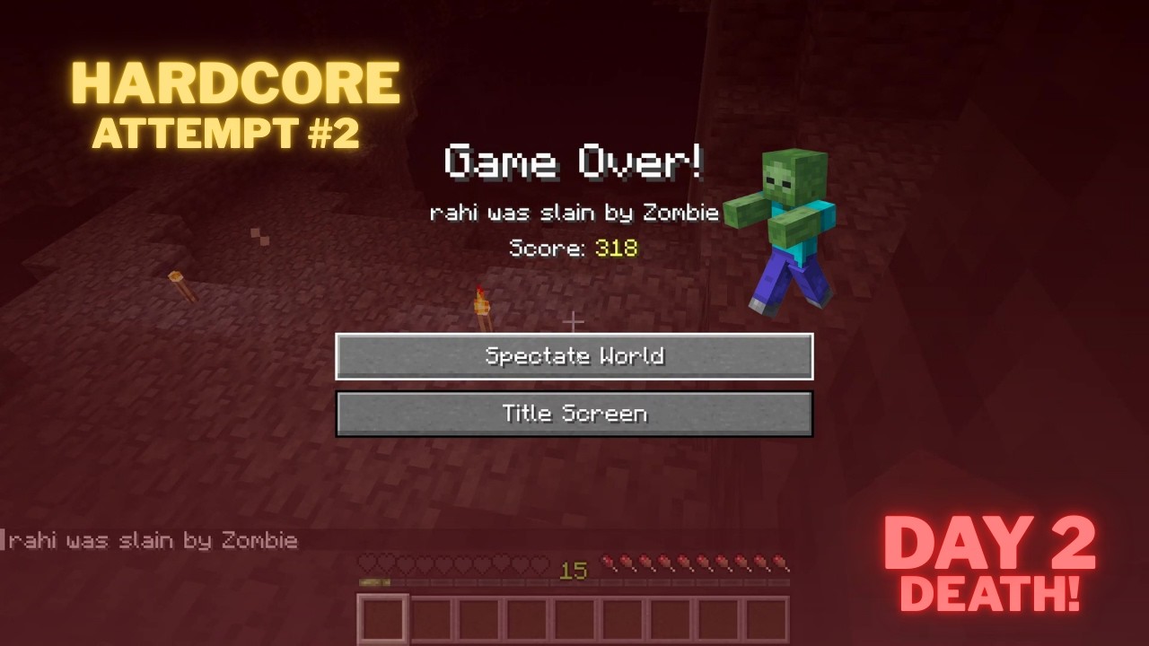 Hardcore Attempt #2… Zombie Killed Me on Day 2 😭 | Minecraft Hardcore Fail