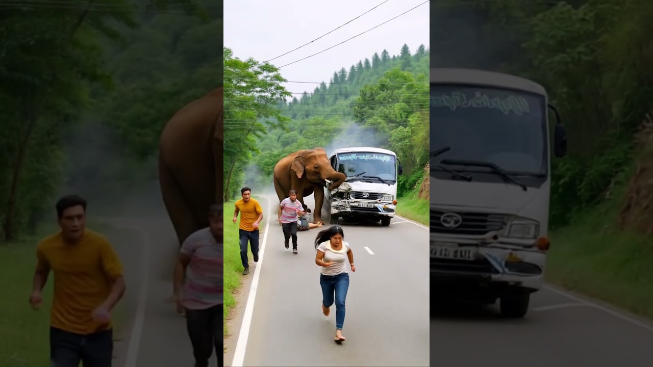 Terrified crowd flees as angry elephant attacks a bus deep in the forest &mdash; chaos on the road!