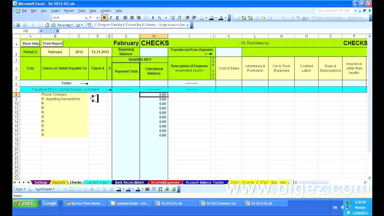2012 How to Track Transactions that Repeat Each Month using Big E-Z Bookkeeping and Microsoft Excel