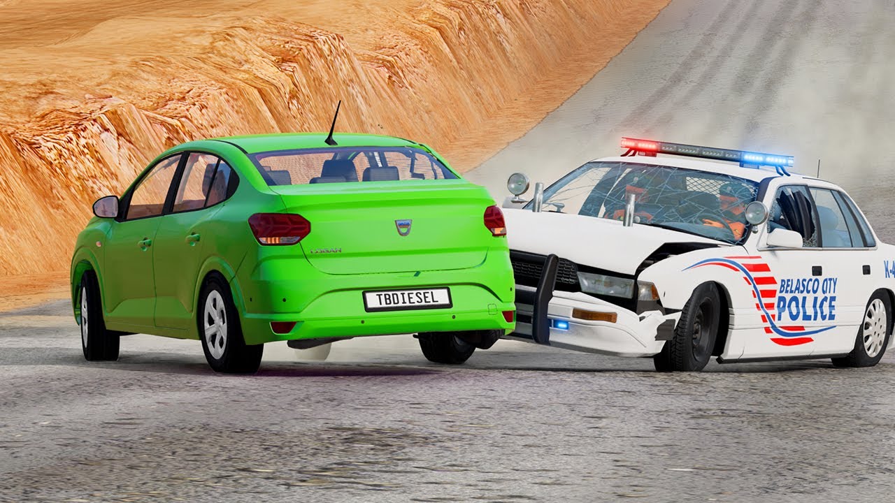 $100,000 COP CAR DESTROYED by Road Rager on Desert Highway - BeamNG Crash Test
