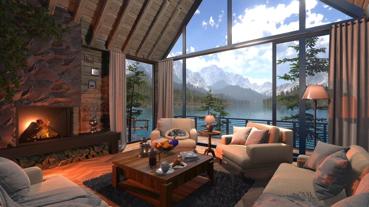 Swiss Alps Chalet | Day & Sunset Ambience | Lakeshore, Nature & Fireplace Sounds